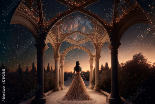 princess walking in a beautiful dress, at night, generative ai