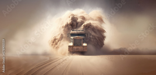 Unstoppable. A semi truck blazing through rough terrain. A beige semi truck heading straight through the desert, sierra, or a sand dune, with enormous trailing smoke and headlights on. Generative AI.  photo