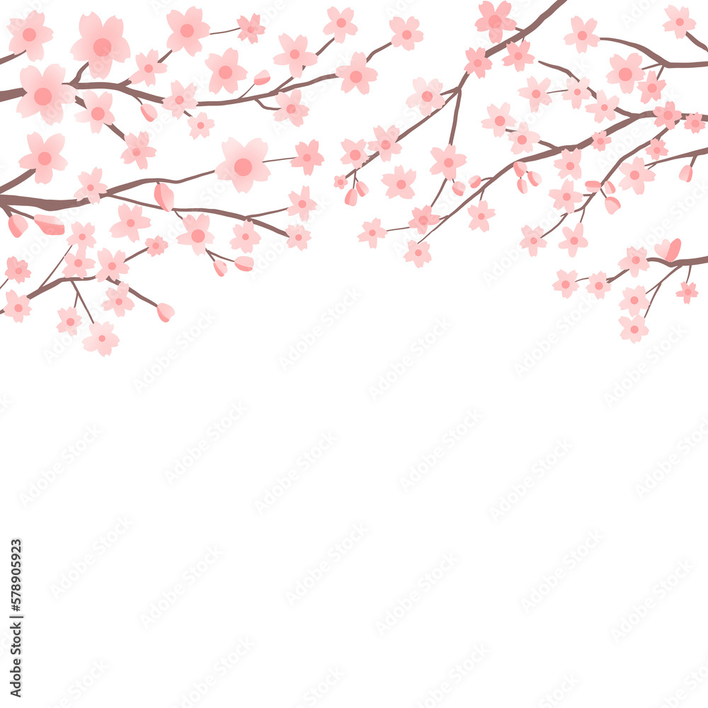 Stationery notepad illustration with white, red, pink, Japanese cherry blossoms in full bloom, brown cherry branches stretching from both sides