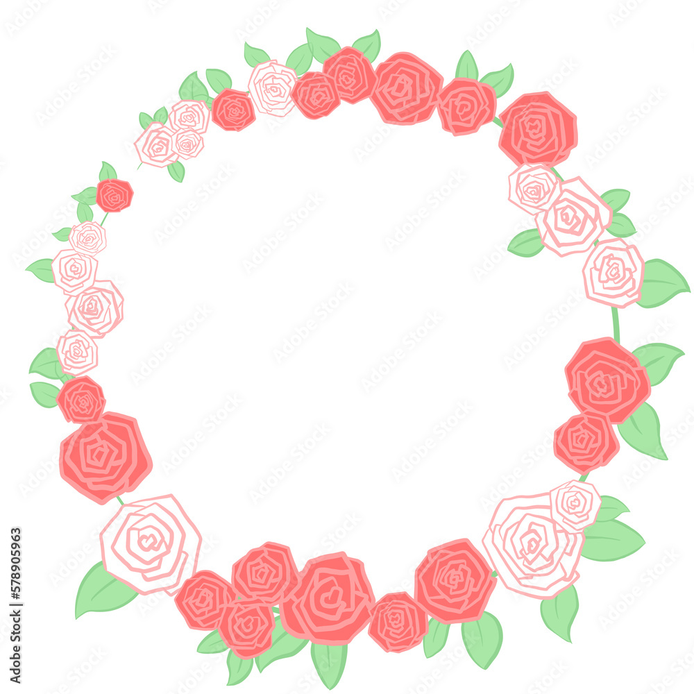 A bright and pretty circular border frame illustration with simple, pastel-colored roses and white roses, leaves and petals