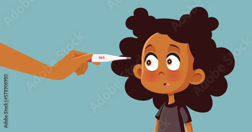 Mom Checking Daughter for Fever Vector Cartoon Illustration. Little girl feeling sick after viral infection episode 

 
