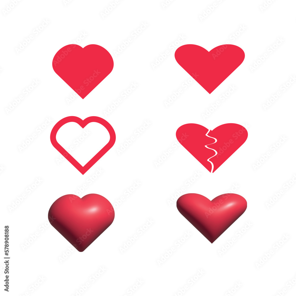 different red heart shapes collection from flat to 3d in vector on transparent background
