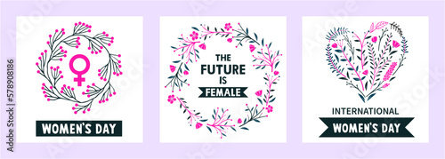 March 8, women, international women's day, girl power. Set of vector illustrations. Flat design. Typography. Template for social media and banners