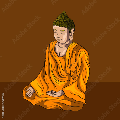 Gautama Buddha line decorative drawing. Sitting or meditating buddha statue Digital art collage combined Gold Color