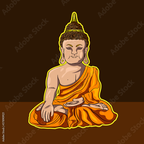 Gautama Buddha line decorative drawing. Sitting or meditating buddha statue Digital art collage combined Gold Color