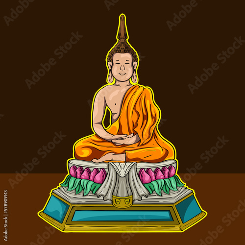 Gautama Buddha line decorative drawing. Sitting or meditating buddha statue Digital art collage combined Gold Color