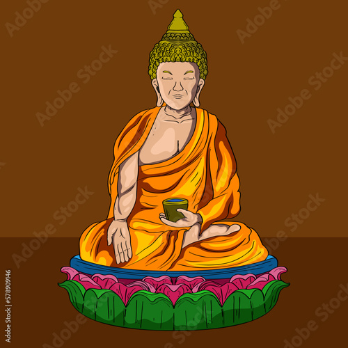 Gautama Buddha line decorative drawing. Sitting or meditating buddha statue Digital art collage combined Gold Color