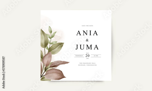 Minimalist wedding card with watercolor leaves