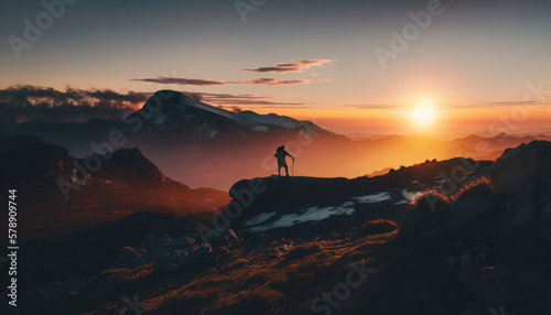 Sunset in the mountains. Lonely traveller enjoys the view.