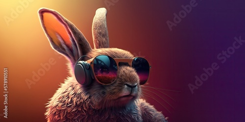 Rabbit with glasses in a colorful dream world, 3D illustration. Artificial intelligence. Nft photo