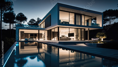 Modern Mediterranean style house design with terrace and swimming pool at night. Generative AI © piai