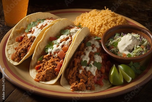 Traditional Mexican food includes tacos filled with ground chicken. Generative AI