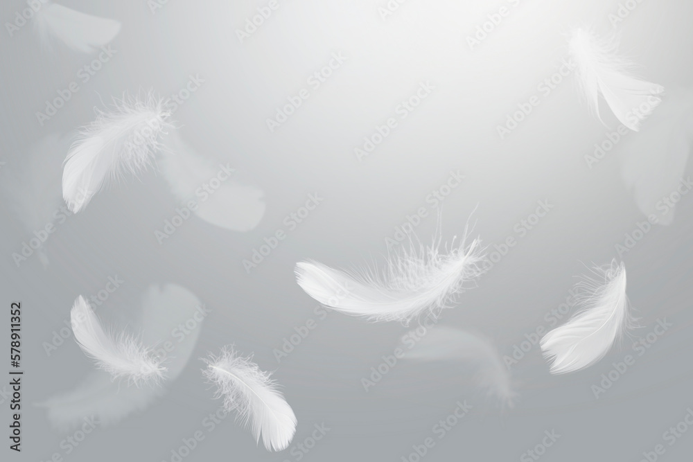 Fototapeta premium Abstract White Bird Feathers Falling in The Sky. Feathers Floating in Heavenly 