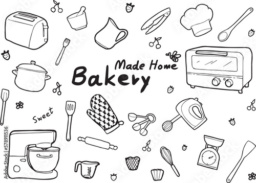 Baking equipment line art vector, hand drawn style on white background, includes pitcher, mug, baking machine, blender, gloves, cup, etc. for use in baking media.