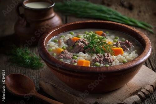 Vegetable and beef buckwheat porridge. Food from Russia. Generative AI