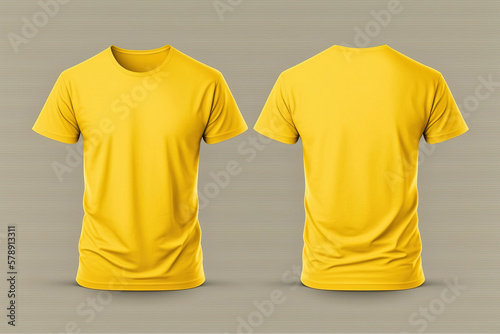 Photo realistic male yellow t-shirts with copy space, front and back view. Created with Generative AI Technology
