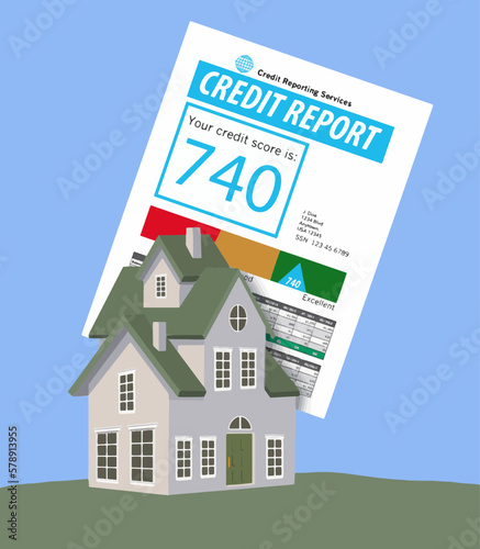 A credit reports with a high score is seen with a home in a vector illustration about having a good credit history helps get you mortgage approval.