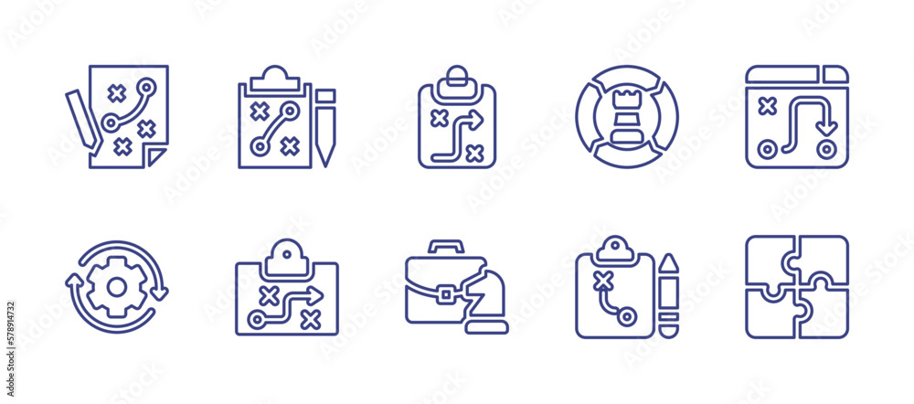 Strategy line icon set. Editable stroke. Vector illustration. Containing strategy, strategic plan, arrows, briefcase, puzzle.