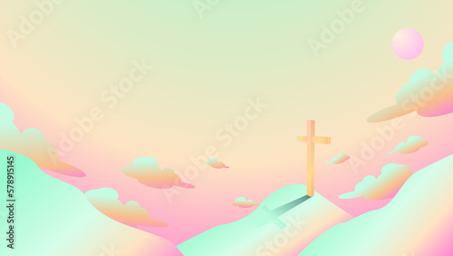 Happy Easter. Easter scene with cross. Jesus Christ. For greeting card, presentation artwork or background and wallpaper