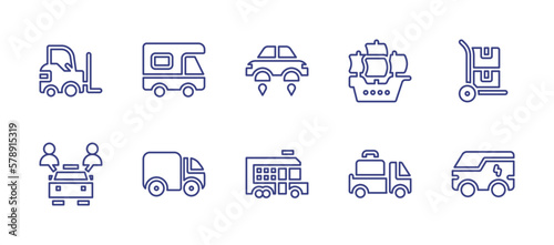 Transportation line icon set. Editable stroke. Vector illustration. Containing forklift, camper, car, ship, trolley, sharing, automobile, bus, luggage.