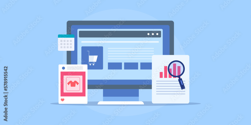 Ecommerce business website leveraging various data insights improving customer experience conceptual vector illustration, flat design web banner.
