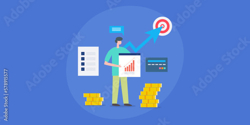 Businessman character holding a dashboard screen with increase data insights, money management accounting company audit analyst financial strategy conceptual web banner vector illustration.