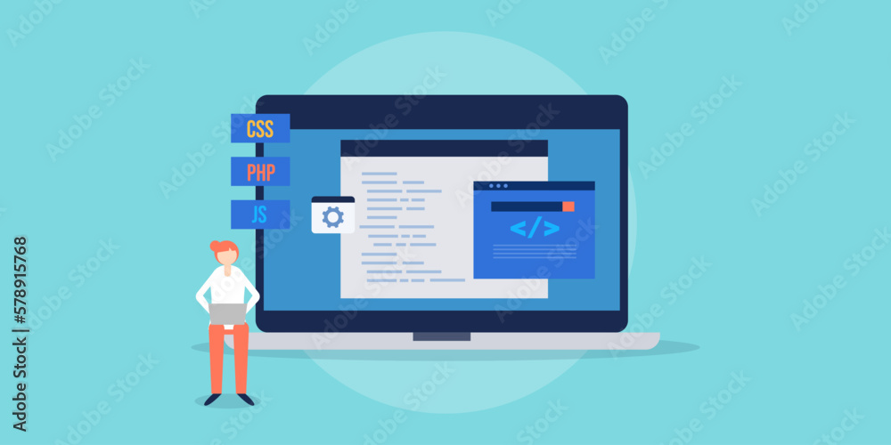 Woman software developer with laptop coding web programming language for application development using Java, CSS code concept, flat design web banner. Woman software developer with laptop coding web programming language for application development using Java, CSS code concept, flat design web banner.