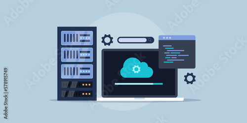 Web hosting service data centre with cloud data storage online, software system update conceptual flat design vector illustration.
