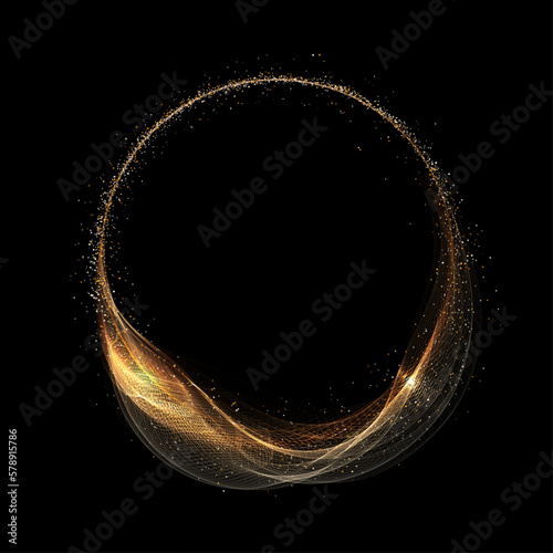 Isolated round frame, small transparent gold tulle on a black background