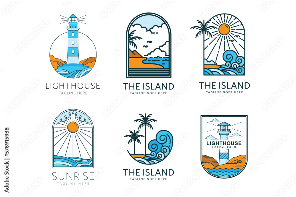 Obraz beach logo on tropical island with palm trees and sunset ocean waves, lighthouse badge vector illustration fototapeta, plakat