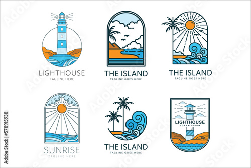 Fototapet beach logo on tropical island with palm trees and sunset ocean waves, lighthouse