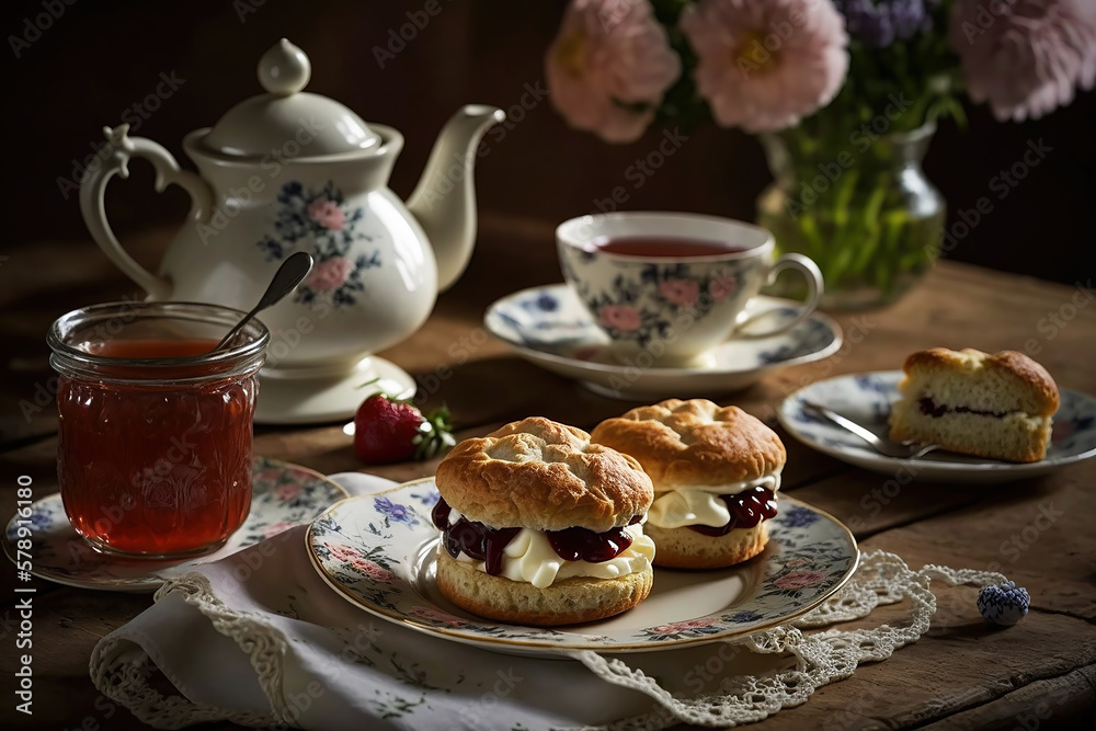 A cup of tea and scones with jam and cream on a pretty table for afternoon tea or high tea. Generative AI. A cup of tea and scones with jam and cream on a pretty table for afternoon tea or high tea. Generative AI.