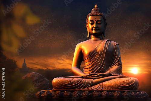 Buddha Purnima celebration  Buddha Jayanti golden color image of god gautam buddha peace of mind Generative AI