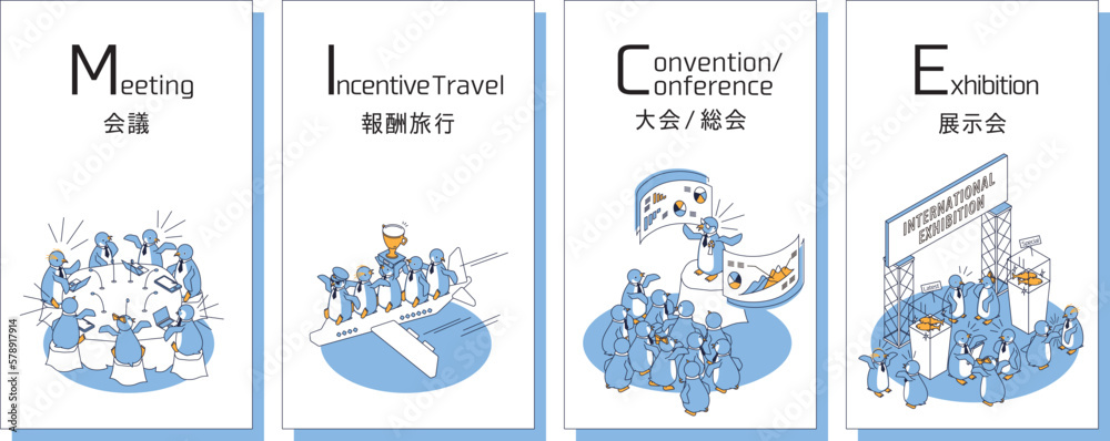 Obraz premium ビジネスイベント（MICE）展示会や国際会議、体験を可愛いペンギンで表現したメインビジュアルイラスト