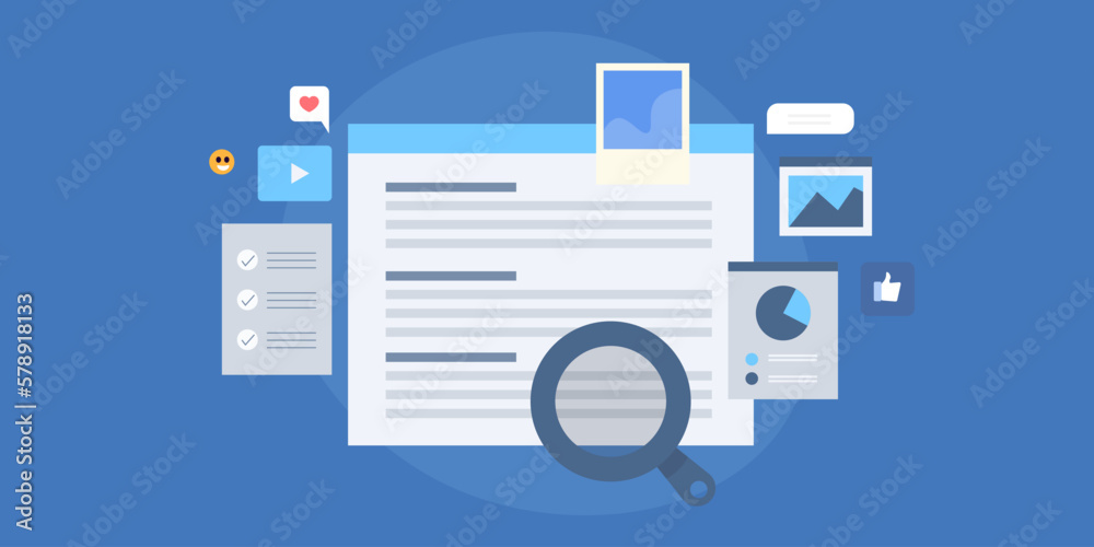 Digital marketing audit reviews and analysis of marketing advertising strategies social media and content, seo ranking monitoring report, business concept, flat vector illustration. - obrazy, fototapety, plakaty 