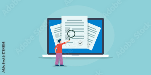 Businessman with magnifier examine signed contract digital agreement on laptop screen, flat design vector illustration.