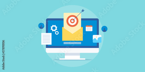 Email marketing automation software sending business promotion message to target customers, increasing engagement and sales conversion flat design vector banner.