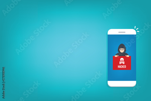 Hacker notification on mobile phone. Smartphone with hacker attack alert.	