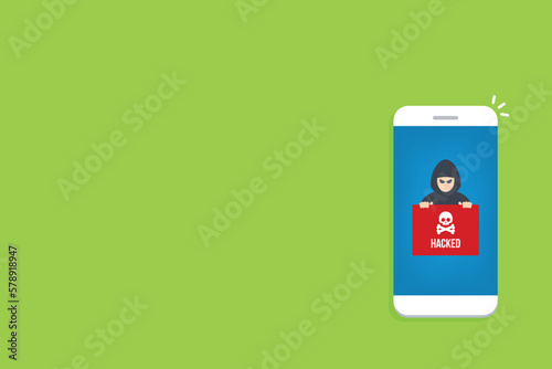Hacker notification on mobile phone. Smartphone with hacker attack alert.	