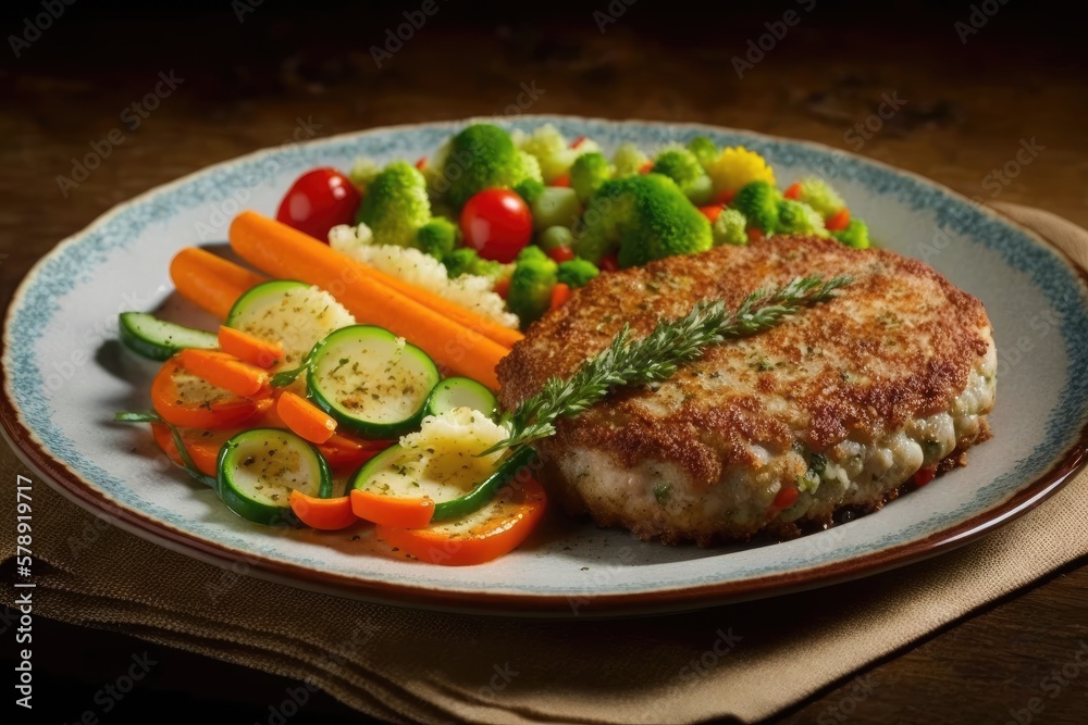 Grilled cutlets cooked from scratch. A crunchy salad of crisp vegetables. Generative AI Grilled cutlets cooked from scratch. A crunchy salad of crisp vegetables. Generative AI