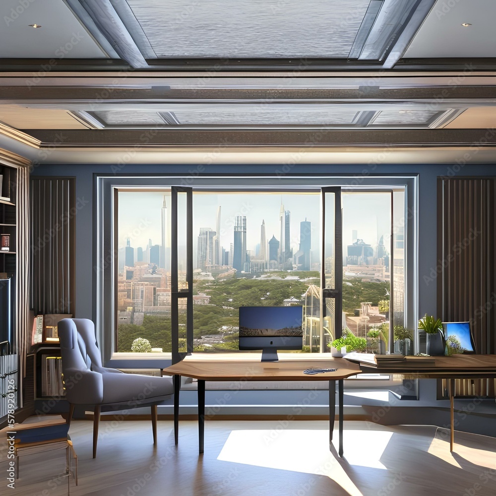 A home office with a view of the city2, Generative AI A home office with a view of the city2, Generative AI