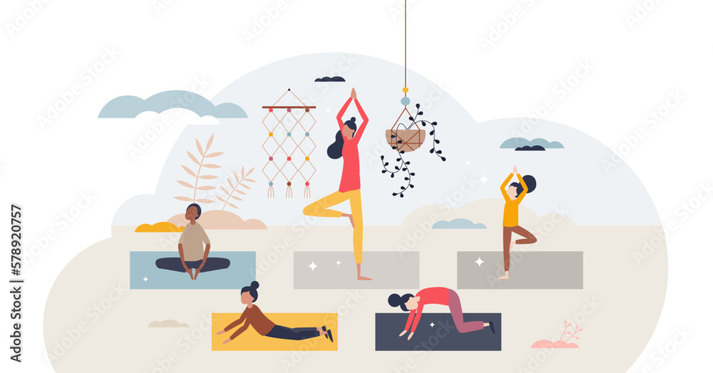 Diverse children meditating indoors with stretching tiny person concept, transparent background. Teacher helps multiracial kids group to be active, healthy and happy. - obrazy, fototapety, plakaty 