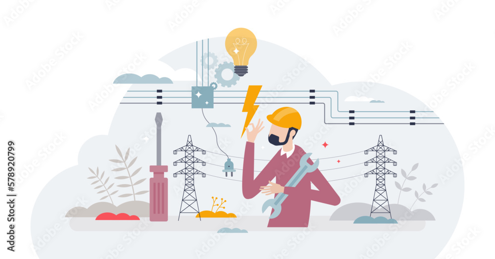 Electrical engineer profession work with electricity tiny person concept, transparent background. Job with power station line mechanical maintenance, fix or inspection. - obrazy, fototapety, plakaty 