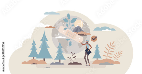Conservationist as earth conservation and care activist tiny person concept, transparent background. Ecological help for environment and responsible social community illustration.