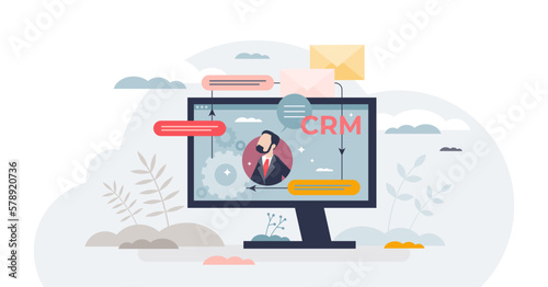 CRM system or customer relationship management software tiny person concept, transparent background. Business tool for marketing and sales database and control illustration.