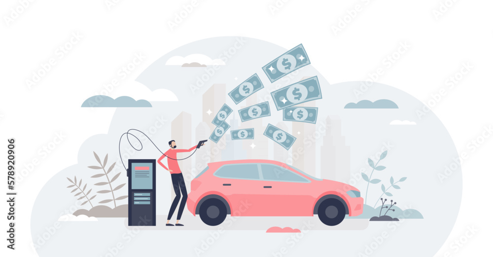 Fuel economy and expensive gasoline cost with money flow tiny person concept, transparent background.Transport gas consumption and fossil energy crisis with high prices illustration.
