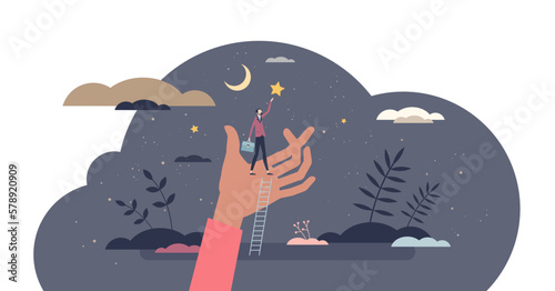 Future success and business achievement as reaching for stars tiny person concept, transparent background.Businessman motivation for career growth and development illustration.
