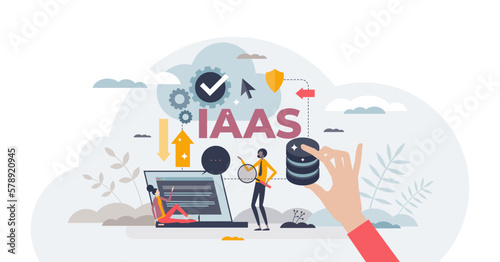IAAS or infrastructure as service cloud computing model tiny person concept, transparent background. Smart network database servers, software and hardware hosting for client demand illustration.