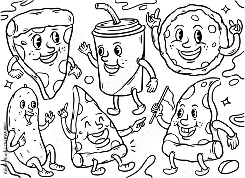 Set of burger and pizza, sausage in retro cartoon style line art illustration, vintage character vector art collection