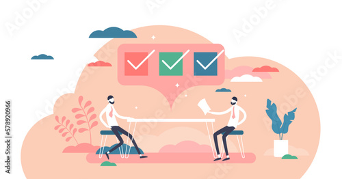Interview checklist with questions, answers illustration flat tiny person concept, transparent background.Communication method in media, press, journalism or recruitment agency. © VectorMine
